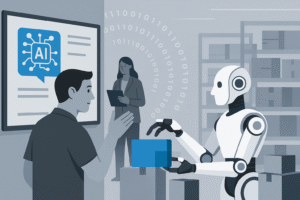 Ilustracja przedstawia zespół w magazynie: człowieka, robota i system AI, wspólnie realizujących zadania — wizualna metafora efektywnej współpracy człowiek-maszyna w środowisku wspieranym przez sztuczną inteligencję.